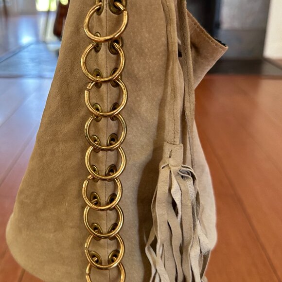 Vintage One of a Kind Made in USA Leather Chain Bucket Bag w/ Rings Grommets - Picture 12 of 17